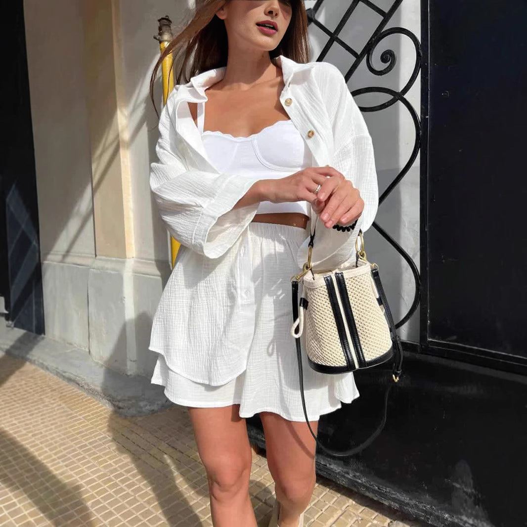 European and American casual temperament new women's clothing solid color cardigan breasted top fashion shorts two-piece set