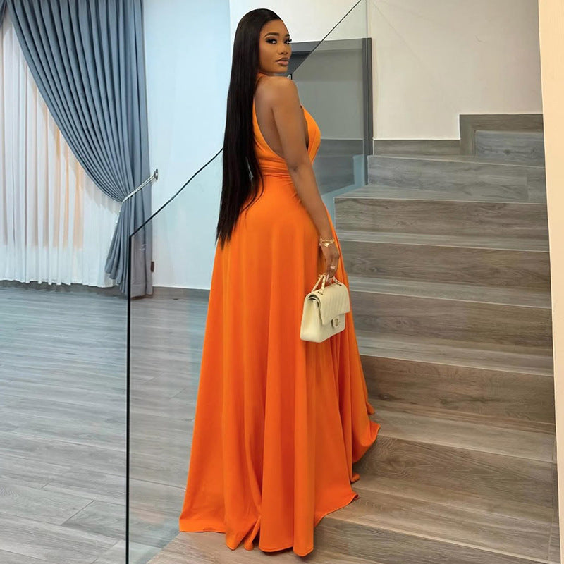 European and american style cross-border new solid color women's bodycon pleated design sleeveless maxi dress with round neck