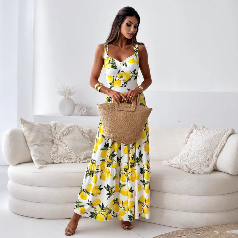 Summer new arrival cross-border supply  european and american women's clothing printed waist-cinching camisole dress with a full skirt