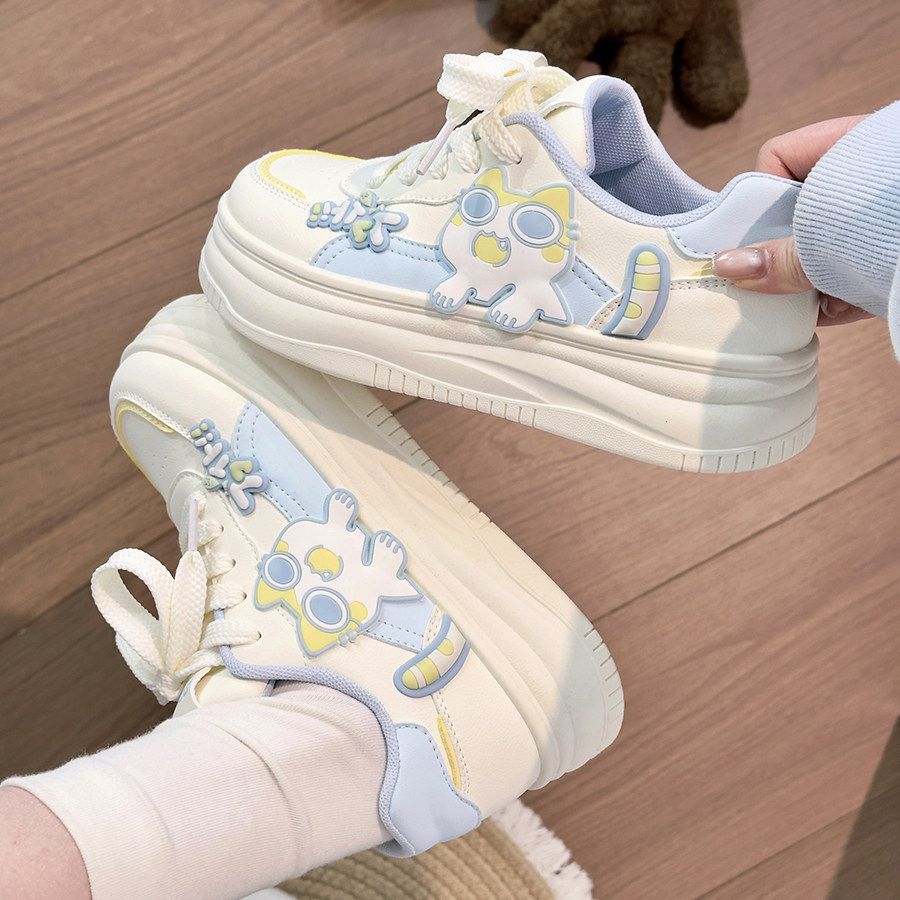 Pink women's cute cat sneakers -  spring/autumn new cartoon student platform korean style skate shoes