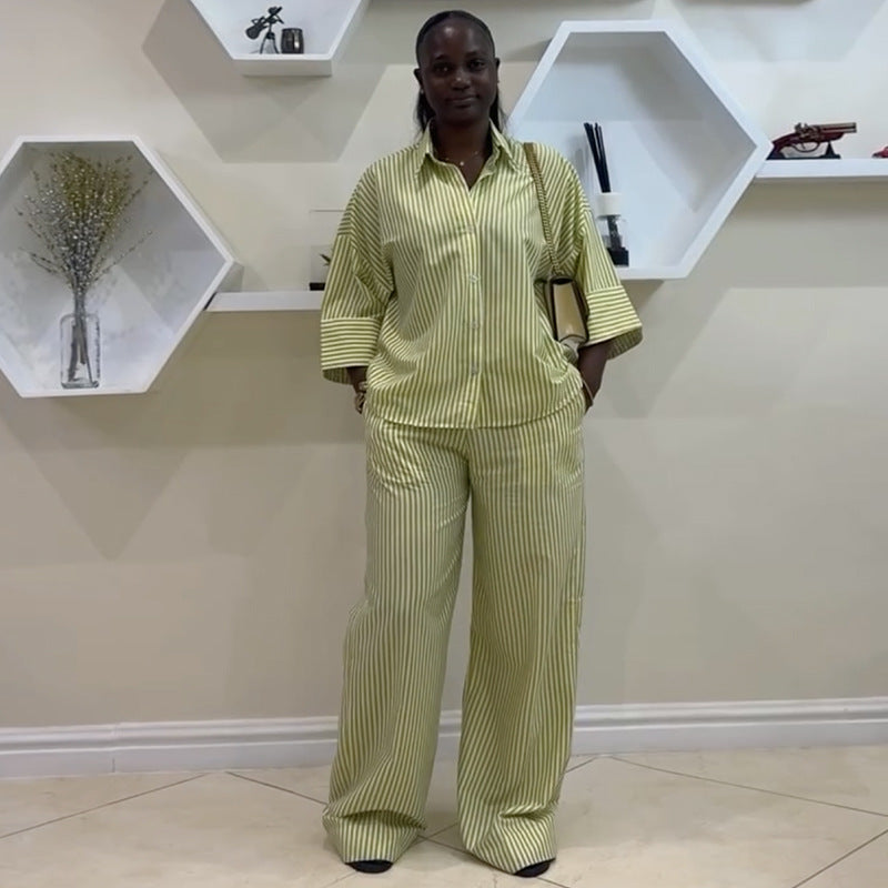 European and american cross-border women's clothing  summer new arrival: elegant and stylish turn-down collar loose striped shirt and wide-leg pants set