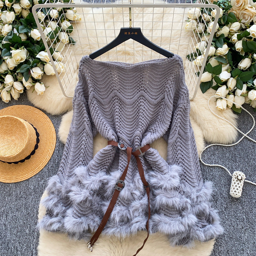 Pure desire hot girl heavy industry fur patchwork cut outlong sleevesknittingtops women's fashion straps waist classysensesweater