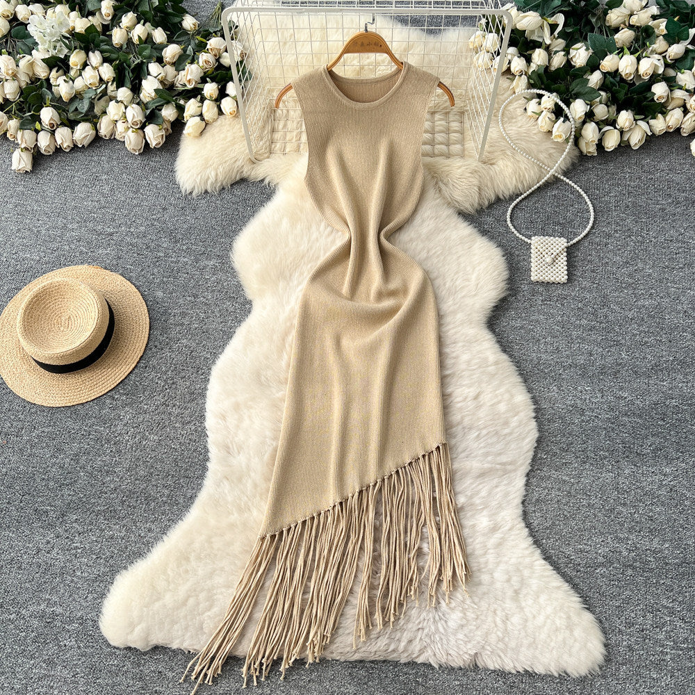 Korean style commute-friendly sleeveless knit dress - women's summer round neck high waist tassel maxi dress - slimming a-line skirt