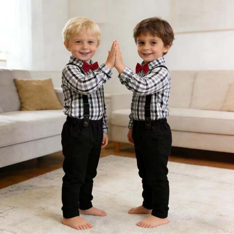 Children's spring new arrivals wholesale: british style kids' outfit - boys' plaid shirt & long-sleeve plaid shirt set