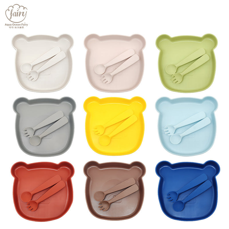 Baby silicone tableware set, non-slip and anti-dirty cartoon bear set, food-grade baby silicone feeding tableware