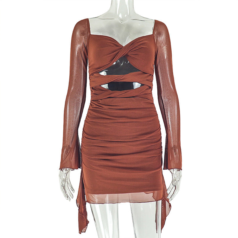Fashion style insexportstylish design women's cut out pleated hip skirt u-neck long sleeves pure color short dress trendy