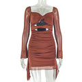 Fashion style insexportstylish design women's cut out pleated hip skirt u-neck long sleeves pure color short dress trendy