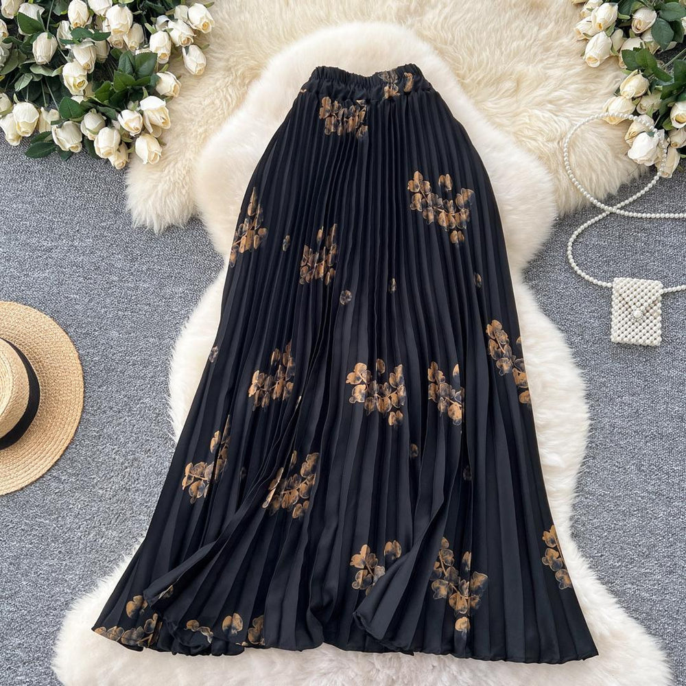 Chiffon midi skirt - women's autumn  new arrival: flattering, flowy, a-line skirt with pleats and floral print