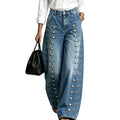 Fashionjeans women's side multi-breasted sense of design loose pants washed blue loosedrapedmop denim pants