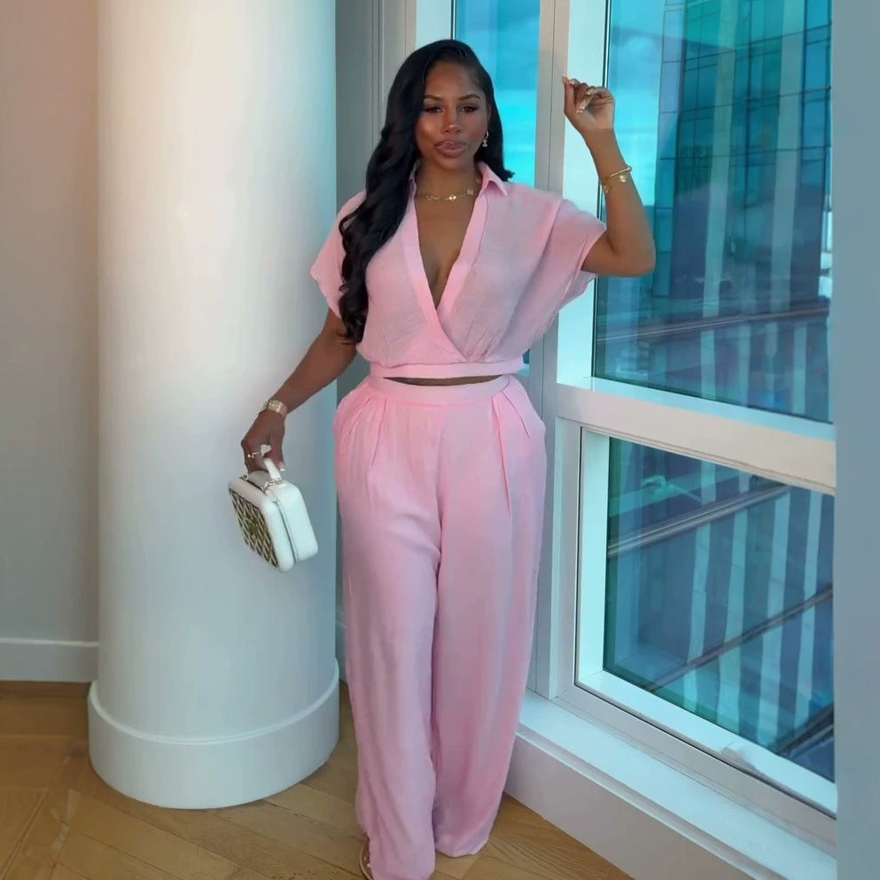 European and american cross-border african women's clothing  summer new casual fashion v-neck short sleeve shirt wide leg pants set