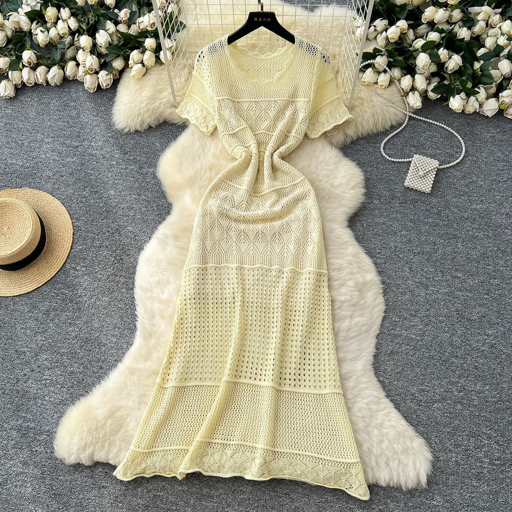 Gentle wind elegant round neck short-sleeved cut out crochet knittingdress women's summerfrench waist-reducing age-reducing sweater skirt