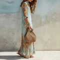 european and american cross-border women's clothing: new summer collection - elegant vintage print v-neck flowy vacation dress