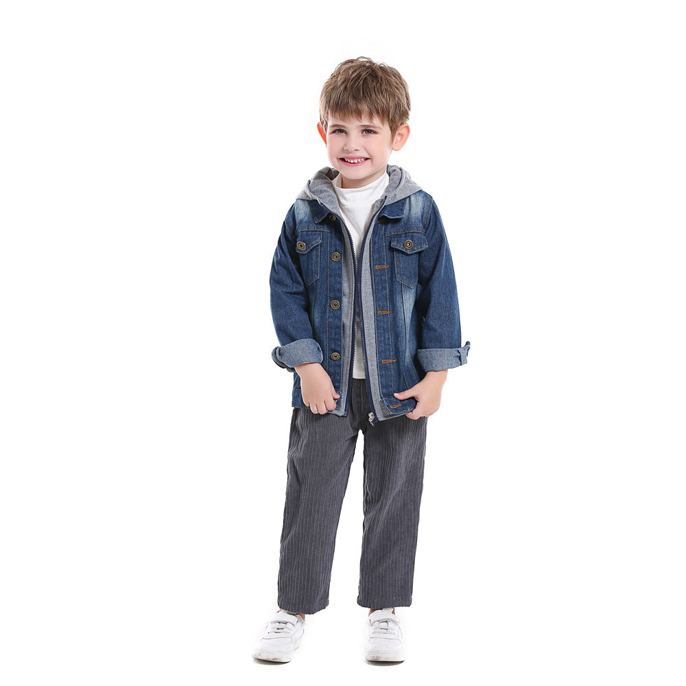 Kids' faux two-piece denim jacket - new autumn/winter hooded fashion casual top for boys and girls - wholesale for export
