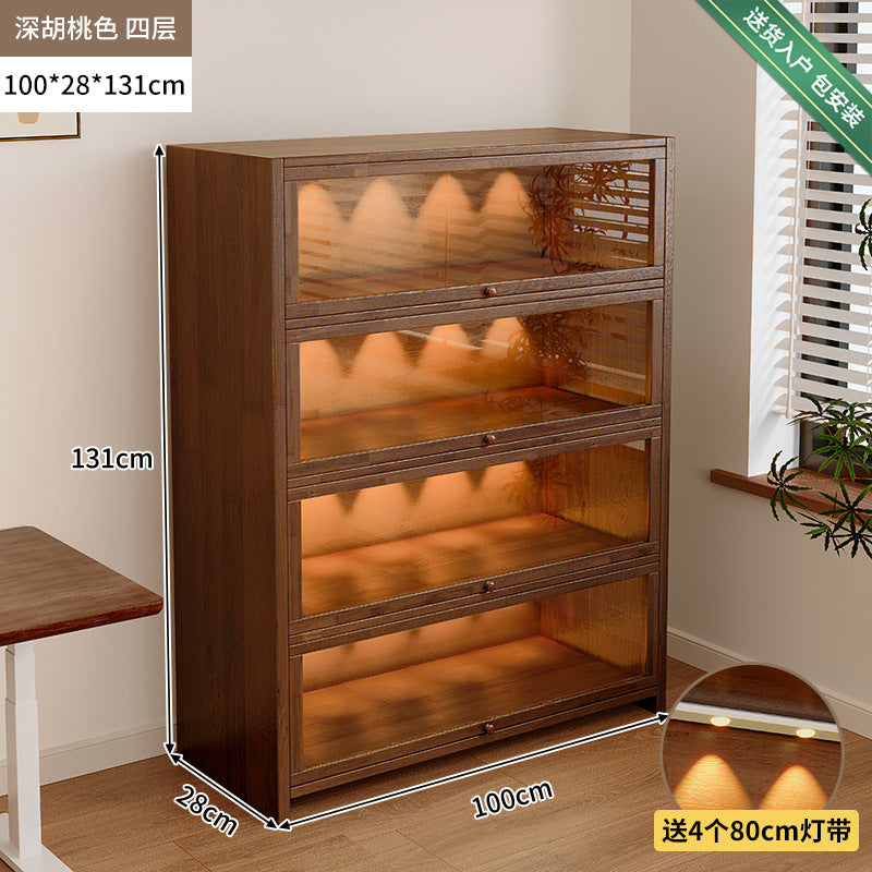 Solid wood dust-proof bookcase integrated against the wall Walnut color storage cabinet Locker Floor storage cabinet Household bookshelf