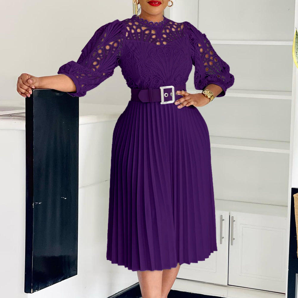 C8595 european and american export women's clothing  new arrival elegant solid color lace crochet hollow-out pleated cross-border dress