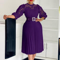 C8595 european and american export women's clothing  new arrival elegant solid color lace crochet hollow-out pleated cross-border dress