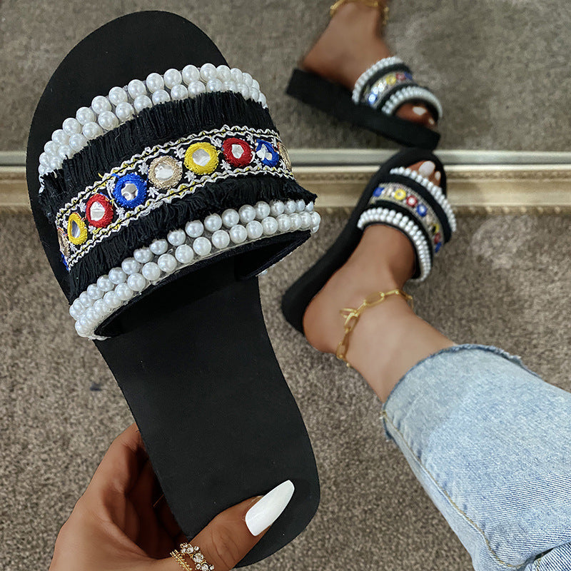 Ethnic style fashion slippers for women 2025 summernew arrivalplus sizesequin pearl toe sandals and flip-flops for beach