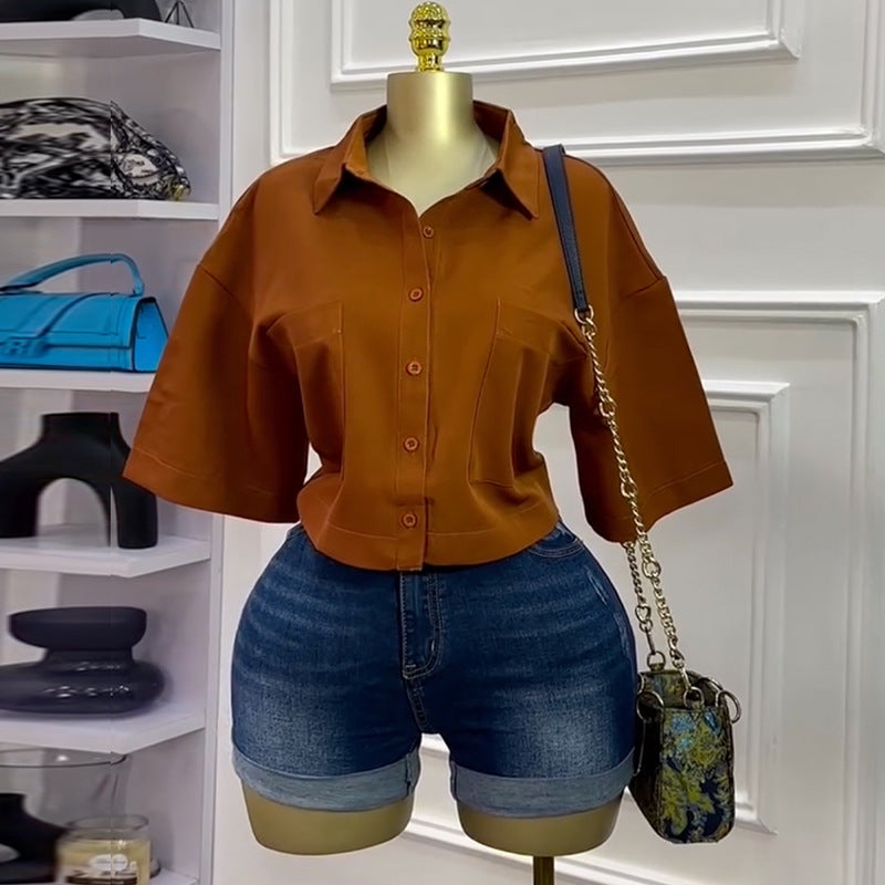 European and american cross-border women's fashion:  autumn new arrivals - stylish and chic polo shirt, solid color five-sleeve cropped blouse