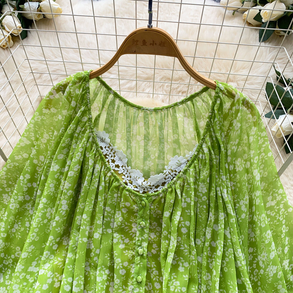 Vacation style green floral short-sleeved dress women's summer rufflesv neck bat sleeve high waist a-line skirt light oxygen feel