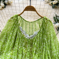 Vacation style green floral short-sleeved dress women's summer rufflesv neck bat sleeve high waist a-line skirt light oxygen feel