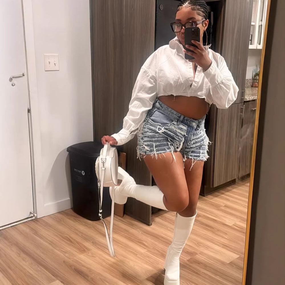 European and american style women's denim shorts -  cross-border fashion -  street style hand-brushed high-waisted shorts