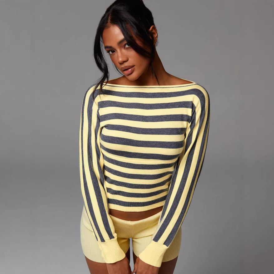 european and american cross-border knitted striped cropped long sleeve top - sexy cropped sweater