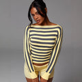 european and american cross-border knitted striped cropped long sleeve top - sexy cropped sweater