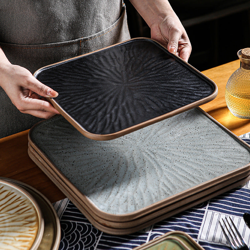 Vintage rustic ceramic steak plate - unique square plate with rim for home, restaurant, hotel, and dessert presentation