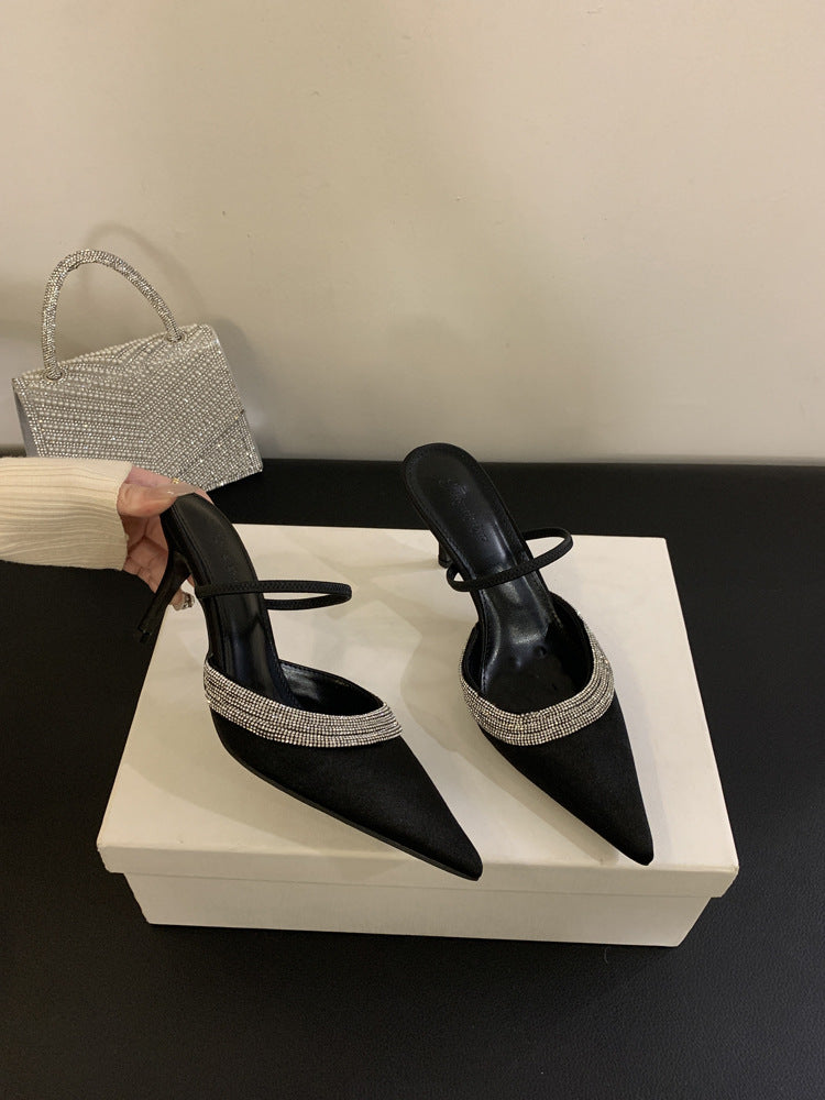 2026 spring rhinestone-embellished silk satin pointed-toe stiletto heel mules - women's closed-toe low-cut half-slipper, european & american style