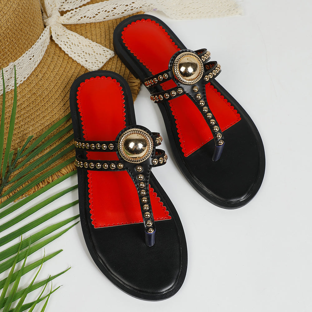 2025 new summer bohemian sandals women's wedge heel metal studded fairy versatile flat beach sandals