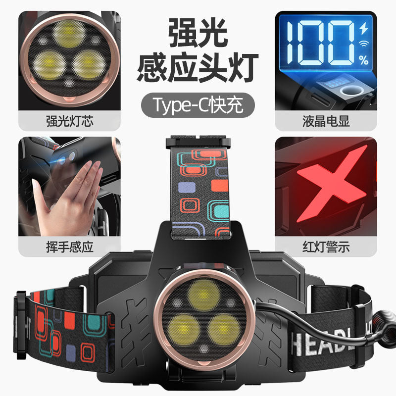 Cross-border LED strong light headlights, wave sensor headlights Type-c charging intelligent digital display highlight night running lighting