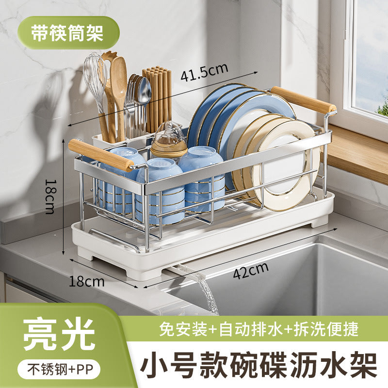 Stainless steel bowl rack, kitchen rack, countertop, household single-layer drain tray rack, large-capacity tableware and dish storage rack