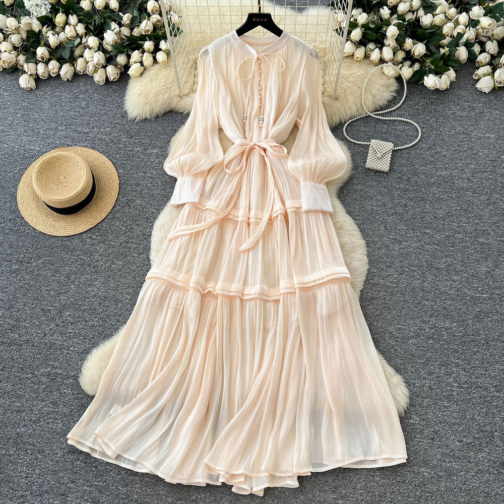 French high-end women's dress - autumn  collection: tie-waist, lantern sleeve, elegant, flowy, and floor-length maxi dress