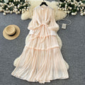 French high-end women's dress - autumn  collection: tie-waist, lantern sleeve, elegant, flowy, and floor-length maxi dress
