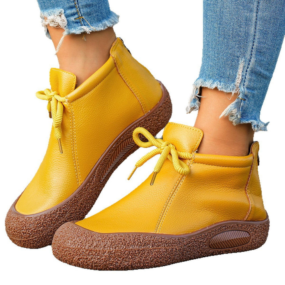 Exportplus sizetie backretro short boots thick solefall and winternew arrivalcasual soft leather back zipper plaid soft bottomboots