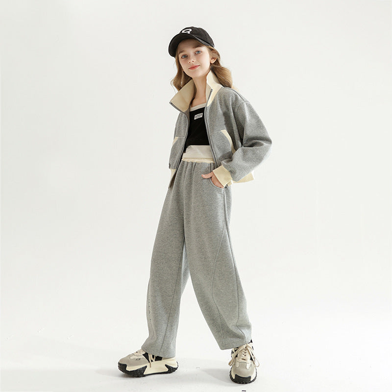 Girls' autumn casual two-piece set:  spring/autumn new arrival, versatile and stylish stand collar jacket with loose-fit pants, autumn outfit