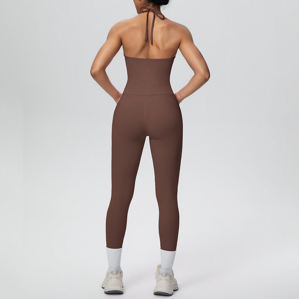 New arrival cross-border brushed beautiful back tight strap halter high waist yoga suit sports running fitness two-piece set