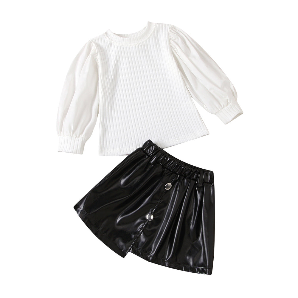 new product girlsuit autumn style fashionpure color round neck pit strip tops elastic irregular skirt leather skirt