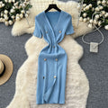 Elegant chanel-inspired v-neck short-sleeve double-breasted bodycon knit dress - women's summer slim-fit midi dress