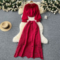 Elegant two-piece set: women's high-end 3d floral french long-sleeve blouse + high-waisted midi lace skirt