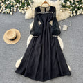 French gentle style heavy industry beading lantern sleeve dress women's k-style slimming lookhigh waista line elegance long skirtelegant