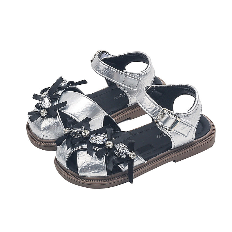 Girls' sandals:  summer new rhinestone princess sandals, kids' velcro anti-slip closed-toe anti-kick beach shoes