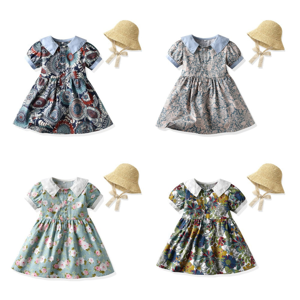 Girls' floral print cotton dress with straw hat - vintage-inspired, chic, and sweet