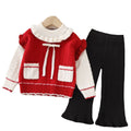 Girls' knitted sweater two-piece set: round neck, new autumn/winter  style with pockets and flutter sleeves