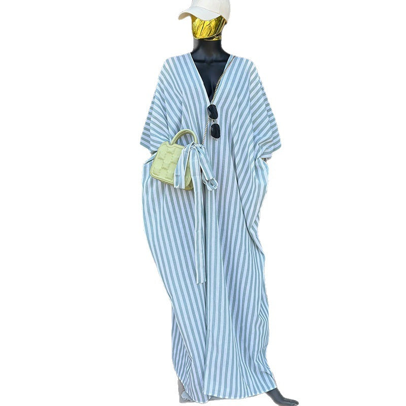 European and american cross-border women's clothing:  spring new arrival - casual chic v-neck loose plus size striped maxi dress