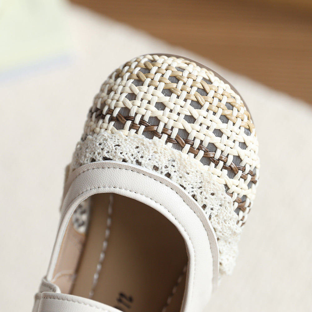 Girls' breathable new children's retro woven sandals summer closed-toe mary jane sandals lace soft sole beige