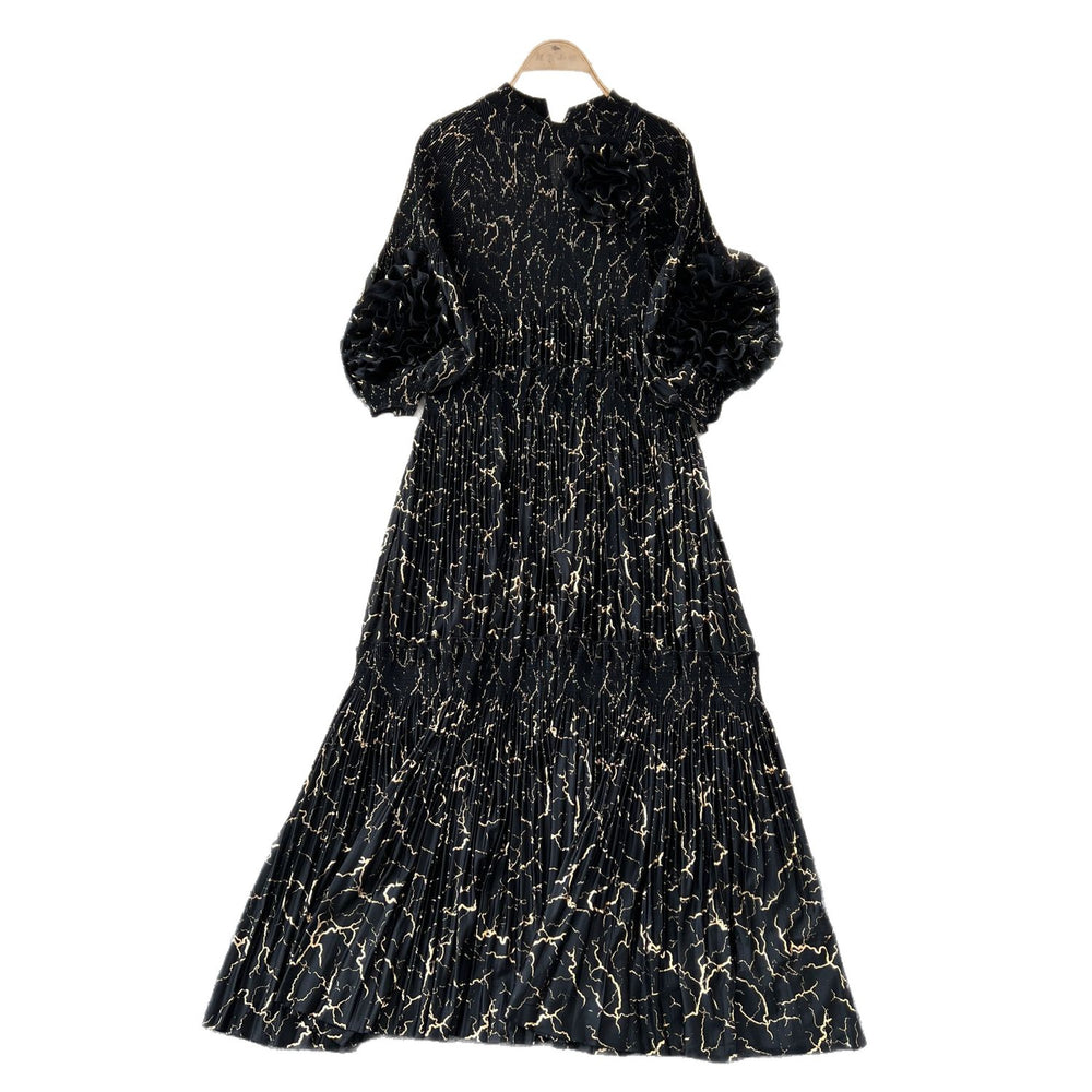 Miya pleated dress women's autumn  new high-end fashion 3d floral lantern sleeve loose maxi dress