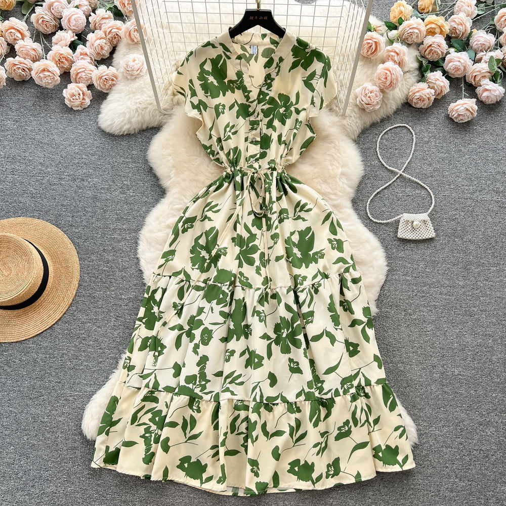 French sweet and gentle style v-neck floral chiffon dress - women's summer cinched waist, slimming, vacation-ready, fairy dress