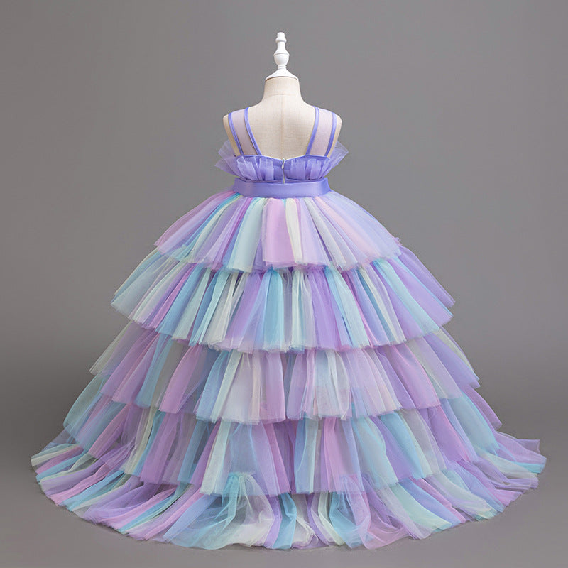 girl dress classy trailing princess dress rainbow skirt mesh flower girl wedding dress evening dress kids skirt