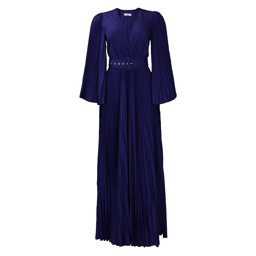 C8478 european and american women's clothing   new v-neck sexy pleated maxi dress cross-border dress